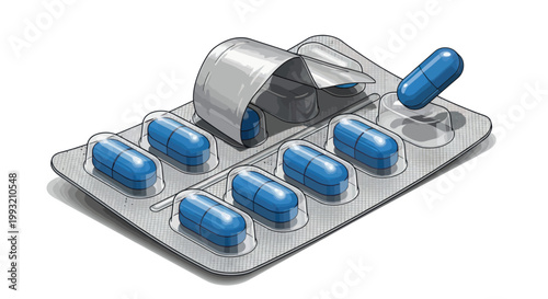 Illustration of blue pill capsules in a silver blister pack on a white background.