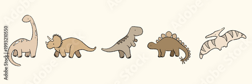 Cute Dinosaur Vector Set, Hand Drawn Sketchy Line Art Clipart, Isolated Editable Kids Illustration. Stegosaurus, Tyrannosaurus Rex, Triceratops, Pterodactyl, Brachiosaurus. Nursery decor, posters