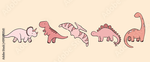 dino pink vector for girls. cute jurassic world line hand drawn isolated children clipart editable natural ink freehand organic illustrations. Stegosaurus, Tyrannosaurus Rex, Triceratops, Pterodactyl,