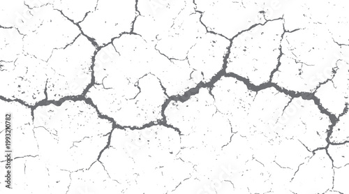 Cracked dry earth surface texture with dark grey fissures and small speckles on white background
