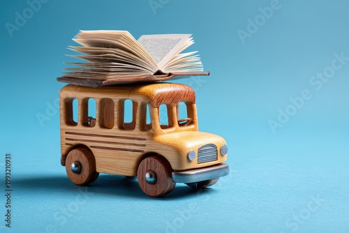 A charming wooden toy school bus carries an open book on its roof traveling on a smooth sky blue surface symbolizing education and knowledge exploration