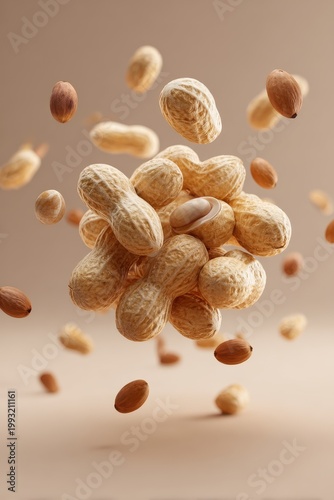 A Close Up of a Cluster of Light Brown Peanuts Levitating in the Air Against a Softly Blurred Neutral Background with Subtle Lighting and a Few Single Peanuts Scattered Around