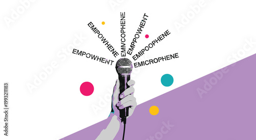 Microphone, empowerment concept, vector illustration, purple background, colorful dots