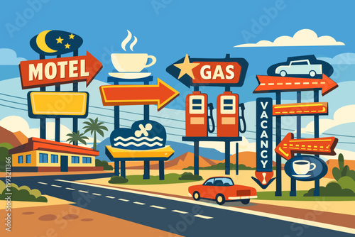 Retro American Roadside Signage Illustration with Vintage Motel, Gas Station, and Cafe Billboards in a Desert Landscape, Classic Mid-Century Style Travel Scene with Red Car and Palm Trees.