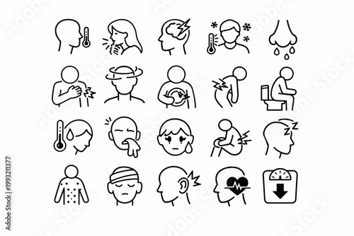 Medical Symptoms and Health Condition Line Icons Set Featuring Fever, Coughing, Headache, Chills, Runny Nose, Chest Pain, Dizziness, Stomach Ache, Back Pain, Vomiting, Skin Rash, and Weight Loss.