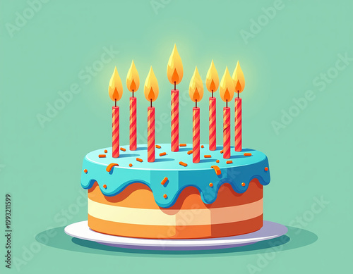 Colorful Birthday Cake with Eight Candles for Children's Book Illustration