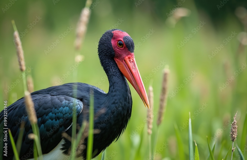Obraz premium Black stork bird with red face and beak stands in green grass. Large creature with dark feathers and white belly hides among plants. This rare species is a migrant.