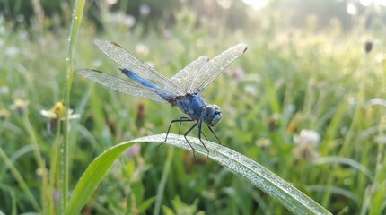 Blue dragonfly perched on green grass in macro close up, delicate insect portrait with transparent wings and vivid natural detail, soft outdoor light, realistic focus, no logos