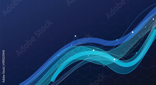 Financial growth chart background with blue rising wave lines and hexagonal grid for business analytics data visualization and market success.