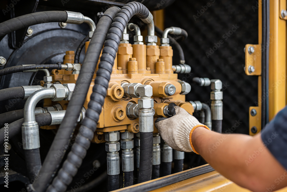 Ταπετσαρία Mechanic's hands in gloves adjusting complex hydraulic system valves and hoses o