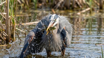 Great blue heron catching a frog in water, dramatic wildlife action close up, bird hunting behavior, detailed feathers and splash, sharp natural focus, outdoor light, no logos