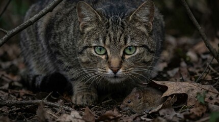 Domestic cat staring intently at a small mouse, predator and prey moment, natural animal behavior, focused feline close up, dramatic tension, detailed fur texture, moody lighting, no logos
