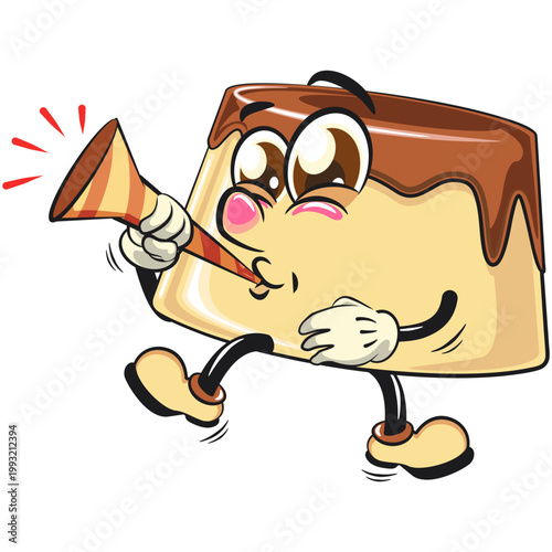 cute caramel pudding mascot character blow the party horn trumpet, dessert cartoon vector illustration isolated, work of hand drawn