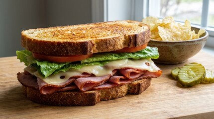 Large appetizing ham cheese and lettuce sandwich on toasted bread, hearty deli lunch with fresh layers and crisp texture, clean food composition, soft natural light, realistic detail, no logos