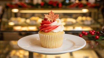 Vanilla cupcake with swirling red and white frosting and maple leaf, festive bakery dessert, elegant close-up presentation, no logos