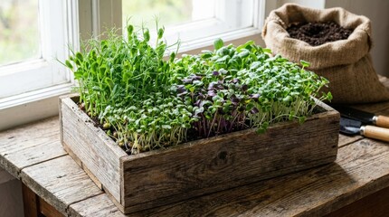 Healthy microgreens growing in a rustic wooden box, fresh organic greens and urban gardening concept with vibrant sprouts, natural daylight, clean agricultural detail, realistic photography, no logos