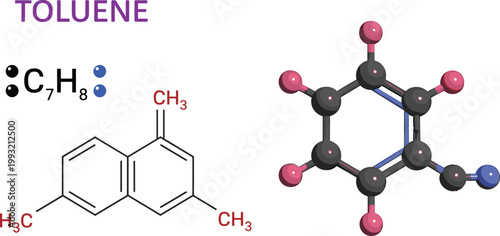 Toluene chemical structure diagram with molecular model and formula C7H8, aromatic hydrocarbon compound educational chemistry vector illustration