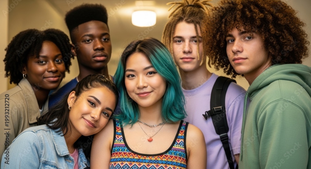 Obraz premium Diverse group of happy students standing together in a school hallway to show connection and modern education lifestyle during their daily academic university experience