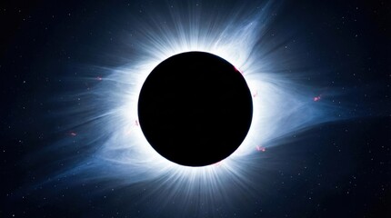 Solar eclipse close-up, dark center with radiant corona, astronomy phenomenon, dramatic light and shadow, celestial event, deep black sky, crisp realistic space detail, no logos