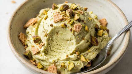 Scoop of creamy pistachio ice cream with nuts and crumbs, indulgent dessert close up with rich texture and appetizing presentation, soft light, realistic food detail, no logos
