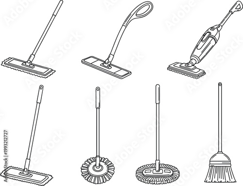 Cleaning Tools Line Icon Set Featuring Mop, Broom, Vacuum Cleaner, Floor Brush, and Household Sanitation Equipment Collection Design