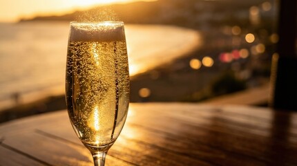 Elegant champagne bubbles and shimmering effervescence at sunset, celebration and luxury drink concept with sparkling golden tones and festive mood, realistic detail, no logos