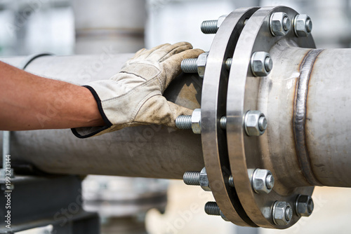 Fotografie Close-up of a gloved hand tightening bolts on a large industrial pipe flange
