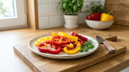 Sliced red and yellow bell peppers on plate, fresh vegetable ingredient concept, vibrant food close up, clean kitchen styling, realistic detail, no logos