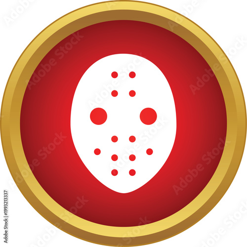 White hockey mask icon appearing on a red button with a golden frame