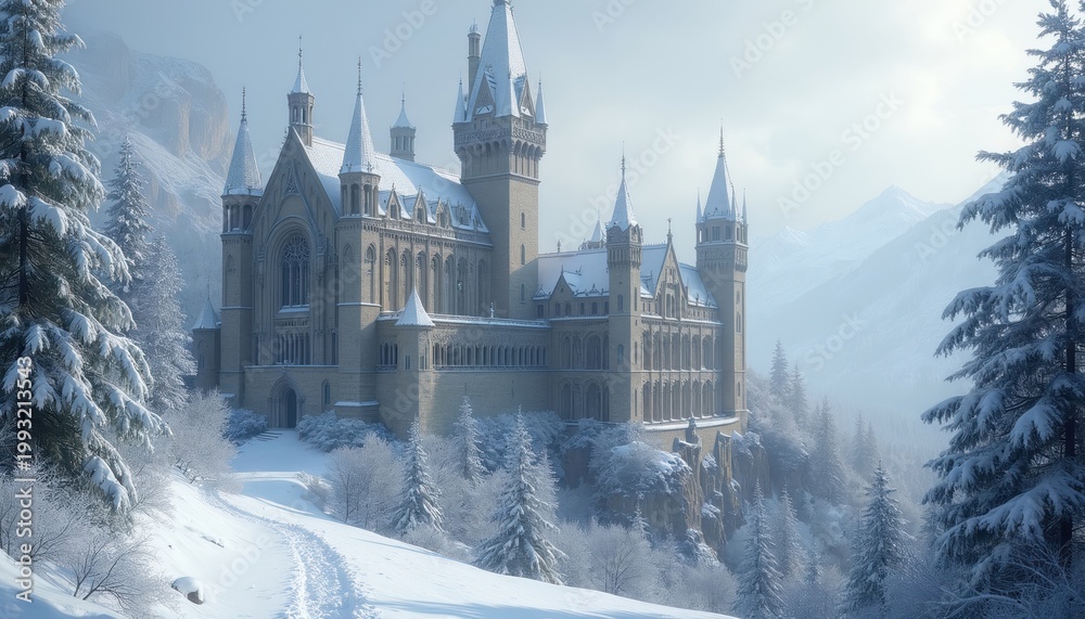 Obraz premium Majestic stone castle sits atop snowy mountain. Winter landscape surrounds historic building. Evergreen trees covered in snow. Blue sky above peaks.