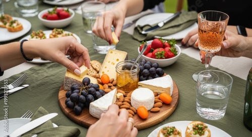 Friends enjoy a gourmet lifestyle experience eating cheese and fresh fruit at a corporate catering event with wine in a bright modern dining room
