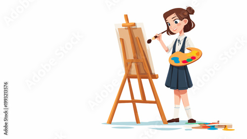 Young girl artist painting on an easel with a palette, brushes, and paints in a bright studio setting