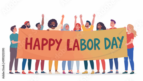 Celebrating Labor Day with Diverse Group of People Holding a Banner
