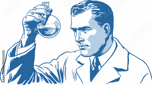Scientist In Lab Coat Holding A Round Bottom Flask With Liquid For Scientific Research And Discovery