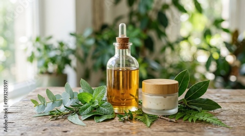 Green leaves with a glass bottle of oil and a cream jar, calming nature-inspired skincare scene, minimal wellness aesthetic, soft light, realistic detail, no logos