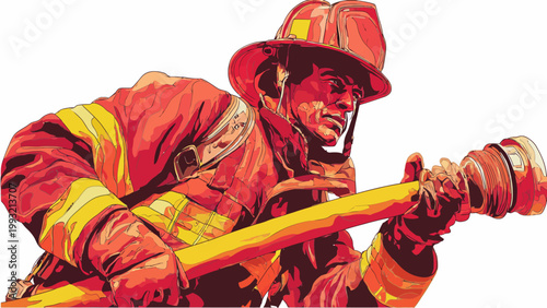 Vibrant graphic illustration of a determined firefighter in action, bravely combating emergencies with essential equipment, symbolizing protection and public safety