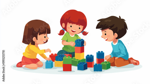 Children playing with colorful building blocks, happy kids enjoying creative playtime indoors