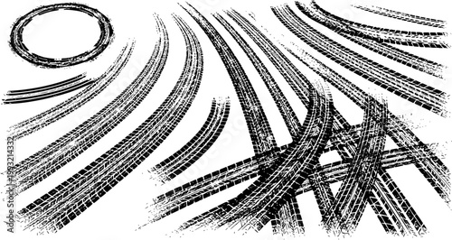 Tire tread marks after skidding, launch, drift, powerslide in motorsport, rally, off-road, motocross. Wheel texture with splash effect. Vector, transparent background EPS version.