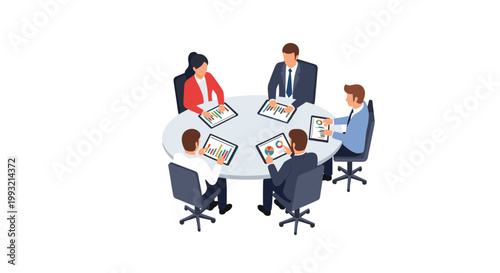 Professional business colleagues sit around a sleek circular table while using digital tablets to analyze colorful data charts and financial performance graphs.