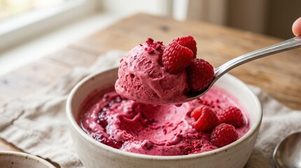 Spoonful of raspberry ice cream garnished with fresh raspberries, creamy berry dessert close up with bright color and appetizing texture, soft light, realistic detail, no logos