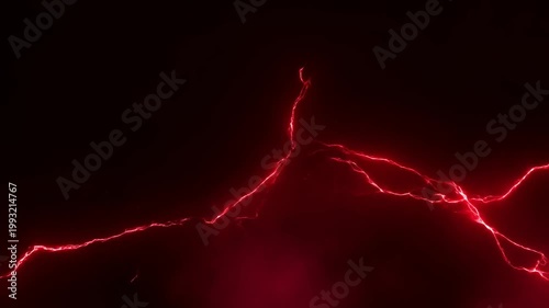 Slow motion pan of red lightning arcs streaking and branching across dark smoky background with glowing crimson plasma bolts and crackling energy