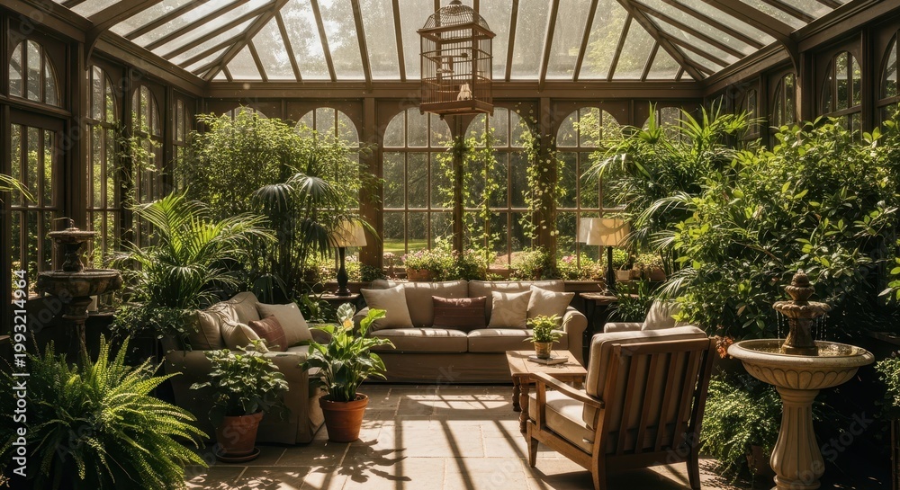 Fototapeta premium Elegant Sunlit Conservatory with Lush Green Plants and Comfortable Seating.
