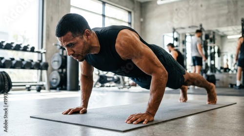 A strong Hispanic man doing push ups, defined muscles, focused expression, athletic posture and natural body tension on a clean training surface, crisp directional light and a determined energetic