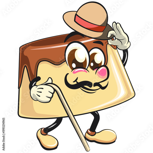 cute caramel pudding mascot character carrying a stick and saluting with raised hat, dessert cartoon vector illustration isolated, work of hand drawn