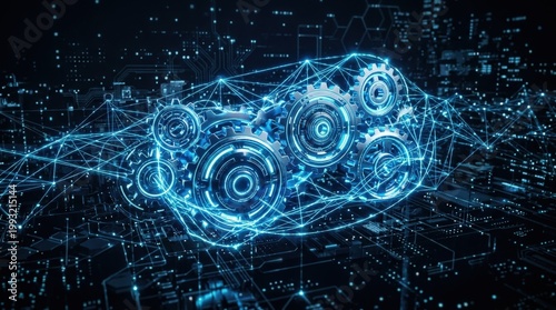 Blue digital gears linked by glowing network lines, technology engineering and innovation concept with futuristic system connections on dark background, luminous depth, polished realism, no logos