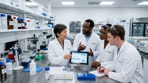 A team of scientists gathered around a lab bench reviewing clinical trial data on a tablet, animated discussion, sterile white laboratory interior, methodical collaborative research atmosphere,
