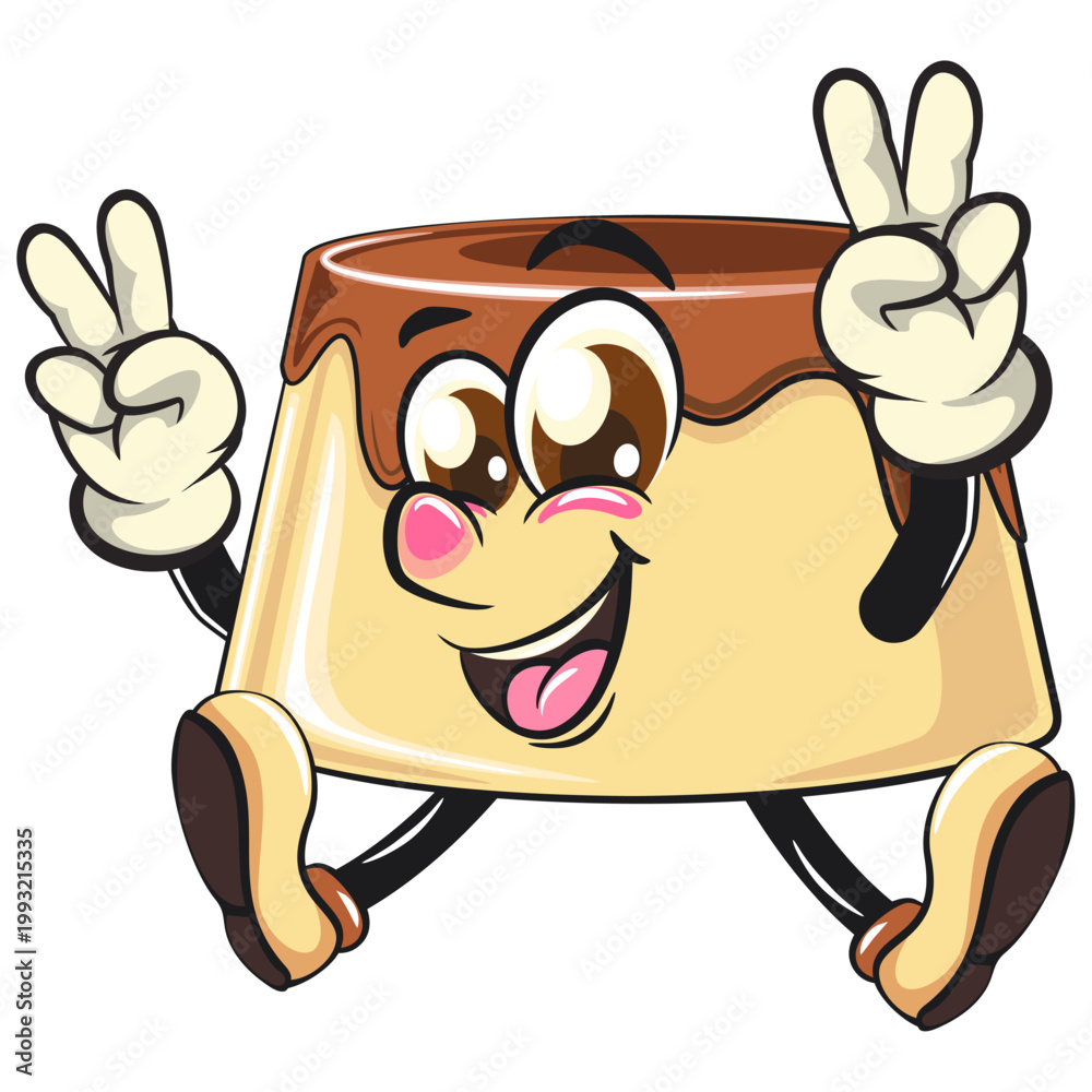 Naklejka premium cute caramel pudding mascot character raising two hands in peace sign while jumping happily, dessert cartoon vector illustration isolated, work of hand drawn