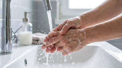 Hands washing with soap under running tap water, hygiene and health care concept, clean sanitation routine, fresh droplets and skin detail, bright realistic lighting, no logos