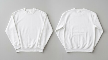 Two white sweatshirts displayed front and back on gray background, apparel mockup for print design, clean casual clothing presentation, soft fabric detail, even studio light, no logos