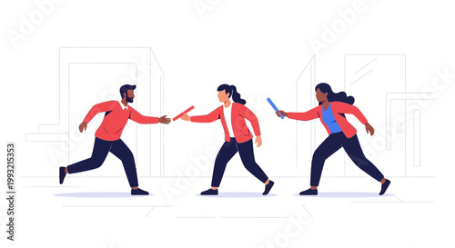 People running in a line passing objects.